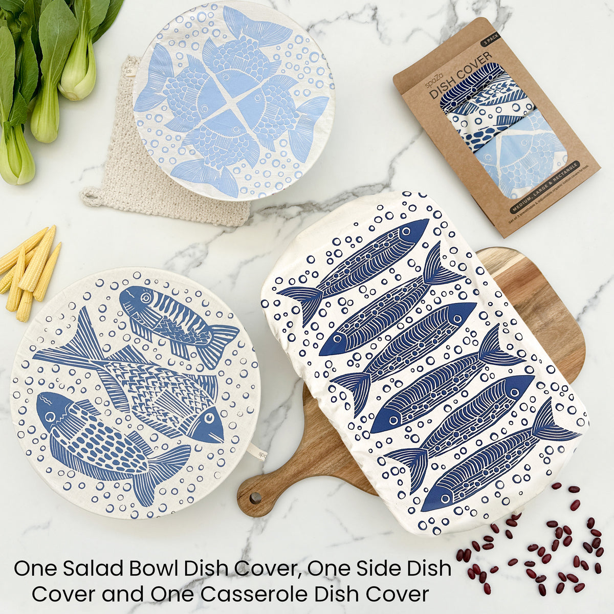 Dish Cover Set of 3 with rectangle and 2 rounds | Fish Print