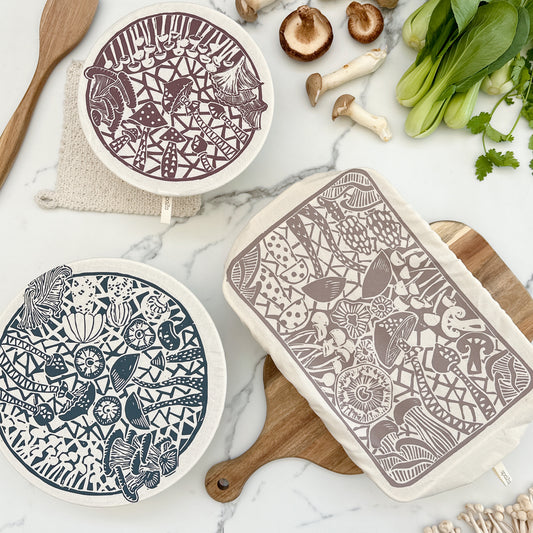 Dish and Bowl Cover 3 Pack | Rectangle and Salad Covers | Mushroom Print