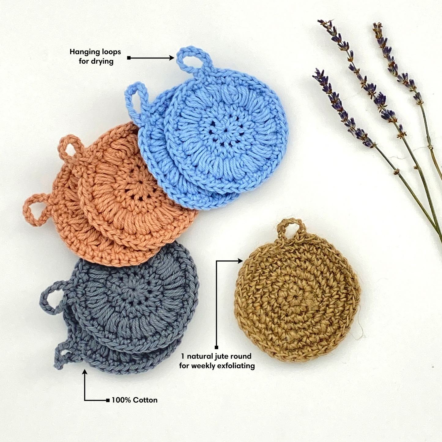 Face Swabs hand crocheted cotton and jute set of 7 cleansing pads