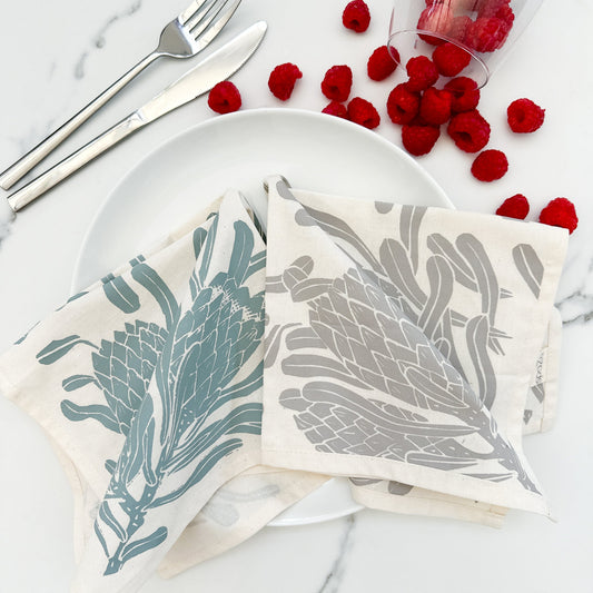 Cotton Table Napkins Cloth Serviettes Table Setting Set Slate and Fossil Protea