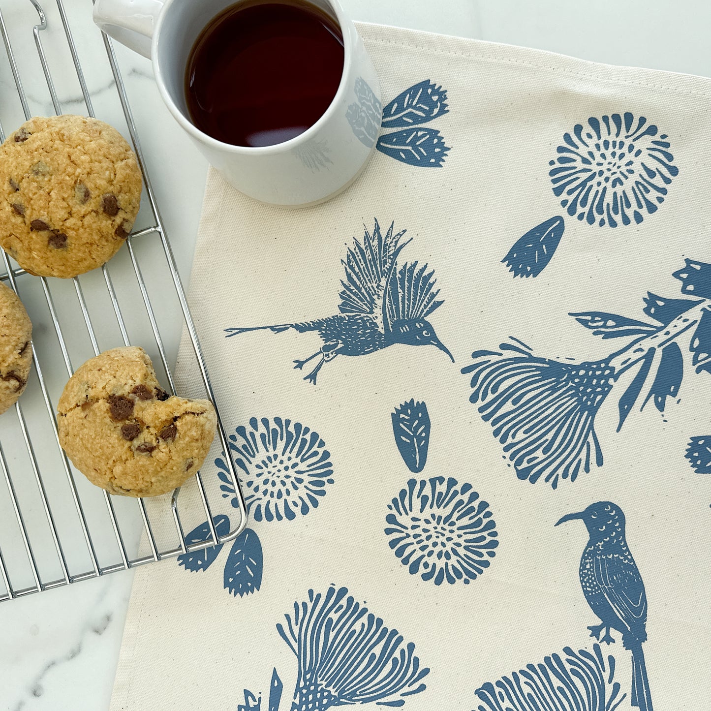 Tea Towel Cotton Sunbird Print in Navy 16 in x 22 in