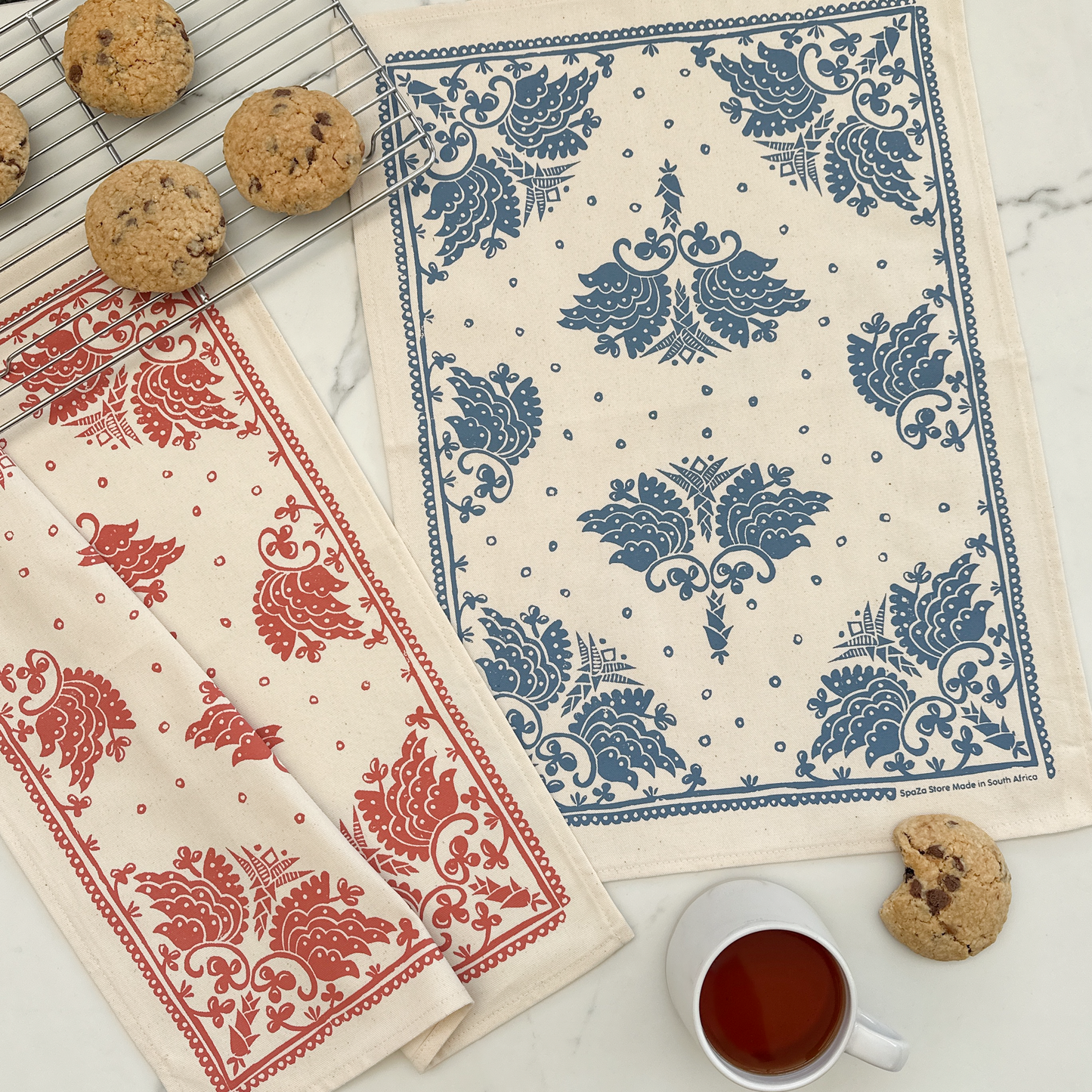 Tea Towel Cotton Madiba Series in blue or red 16 in x 22 in