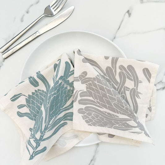 Cotton Table Napkins Blues and Greys | Protea Print